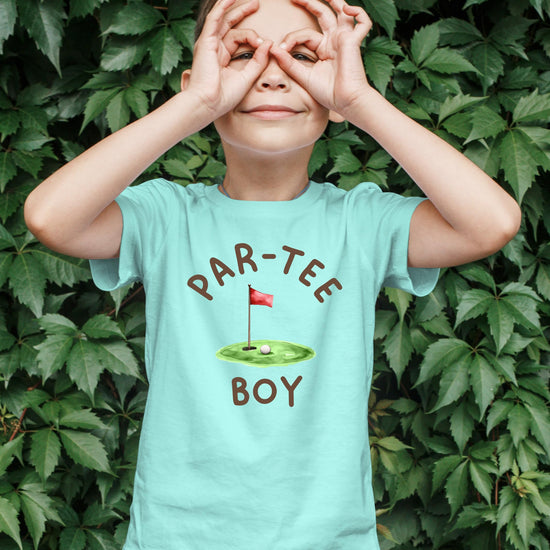 Detail shot of Par-Tee Boy golf birthday graphic tee for kids and toddlers