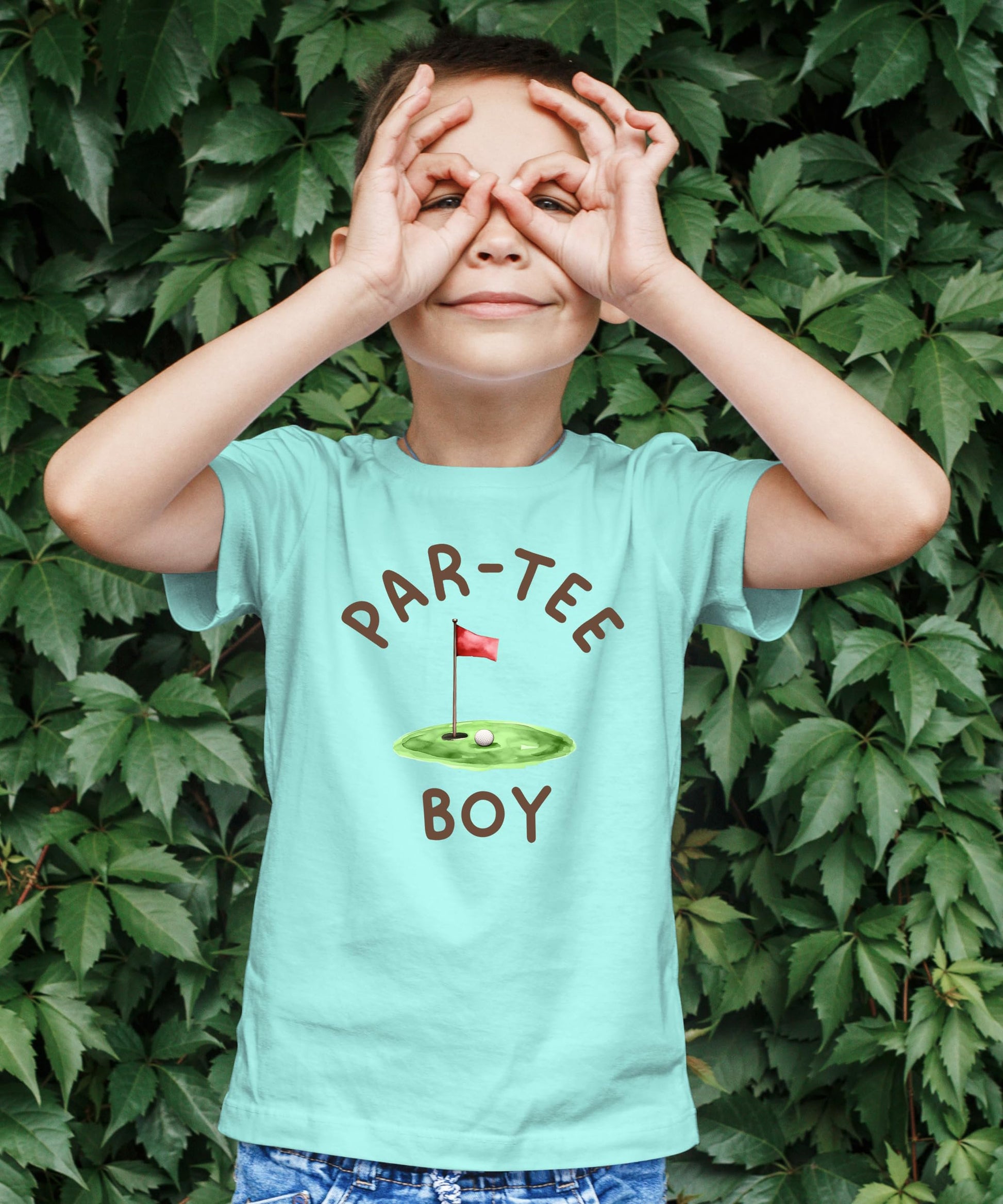 Detail shot of Par-Tee Boy golf birthday graphic tee for kids and toddlers