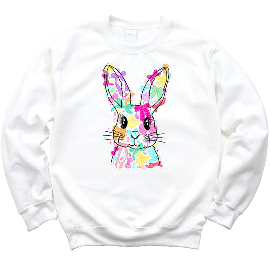 Front view of kids Easter Bunny sweatshirt featuring bright coquette bows on white fleece