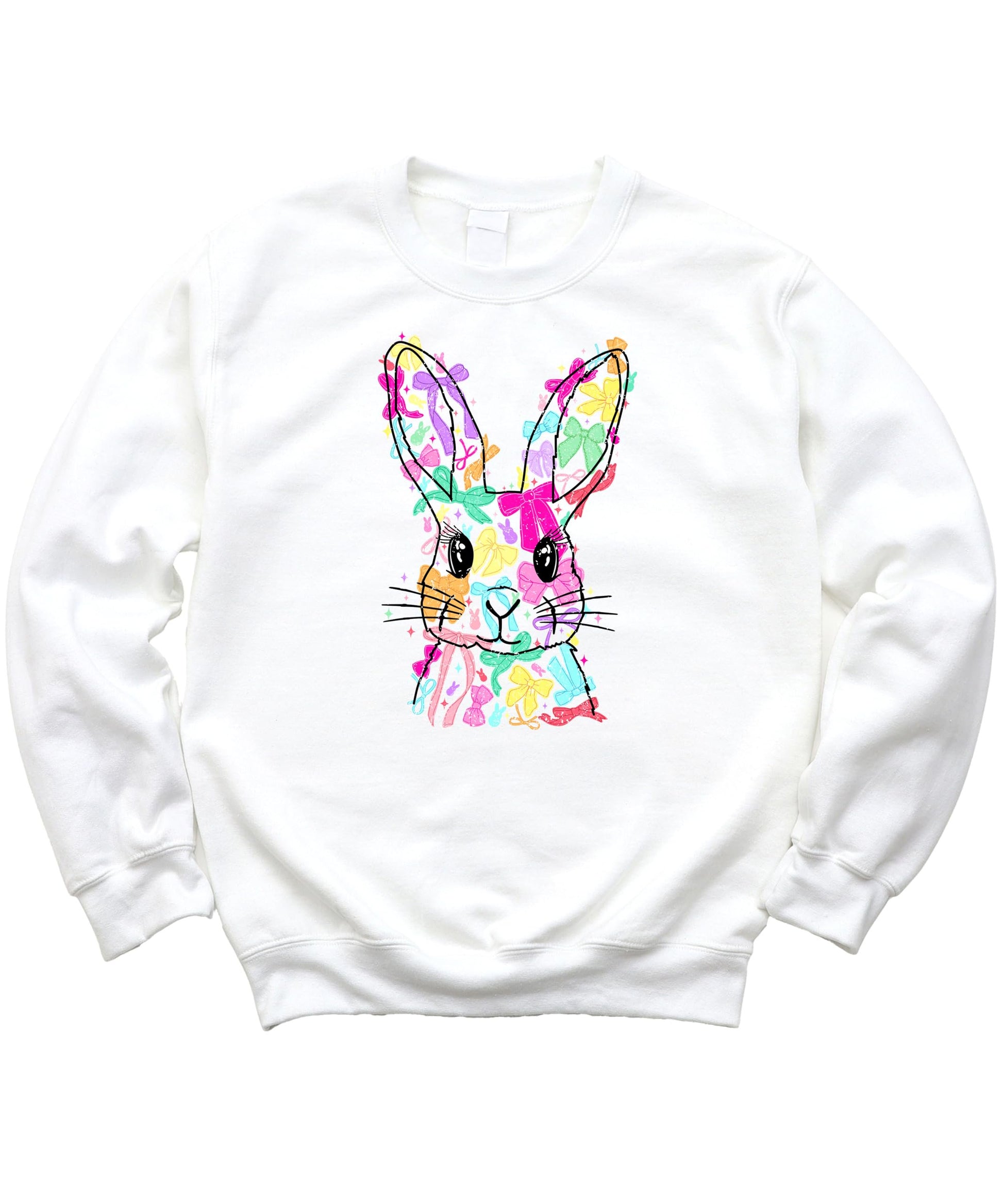 Front view of kids Easter Bunny sweatshirt featuring bright coquette bows on white fleece