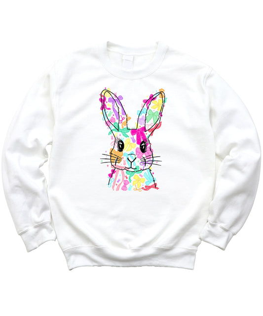 Front view of kids Easter Bunny sweatshirt featuring bright coquette bows on white fleece