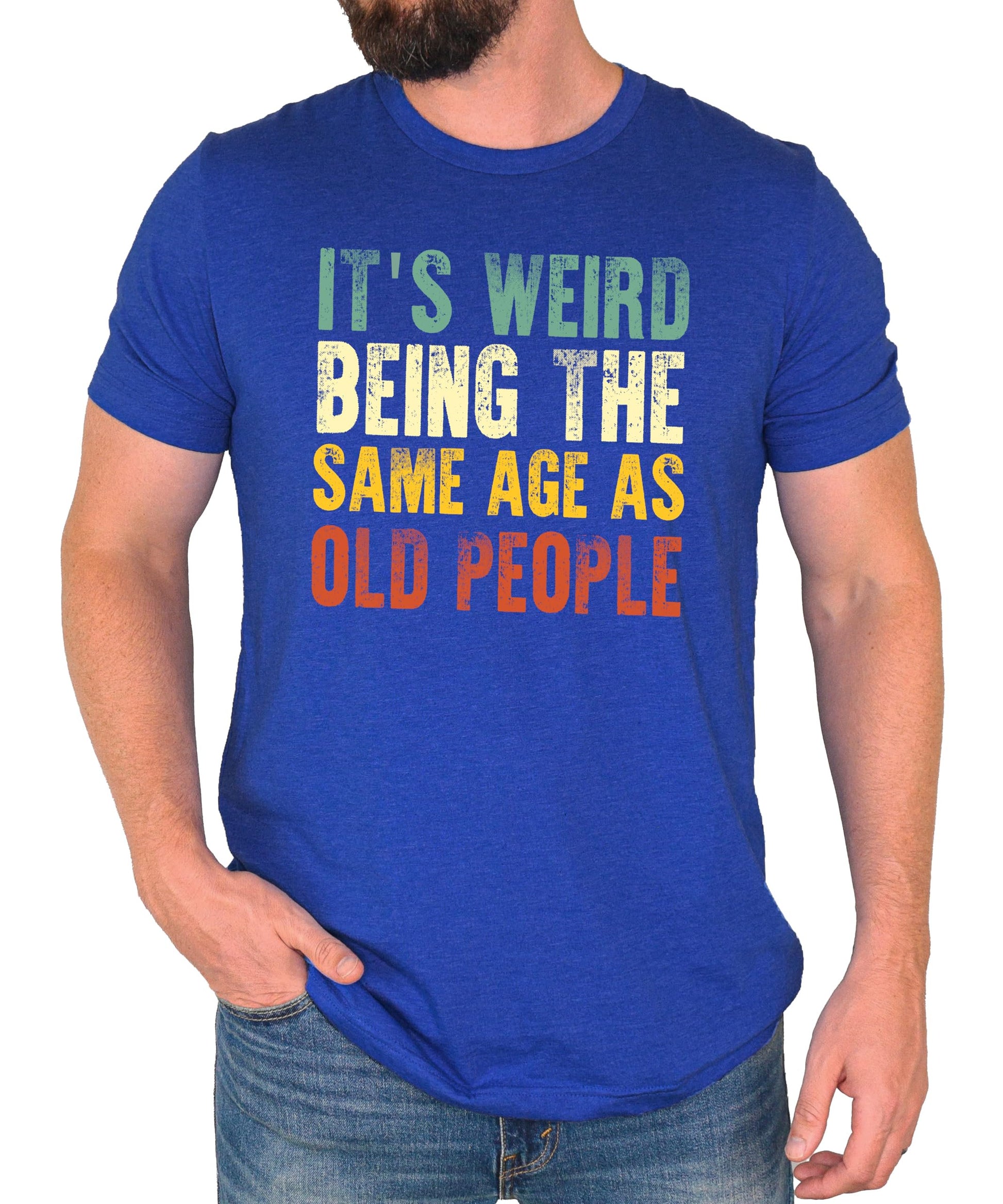 Close-up of bold graphic print on funny men's dark gray t-shirt about getting older