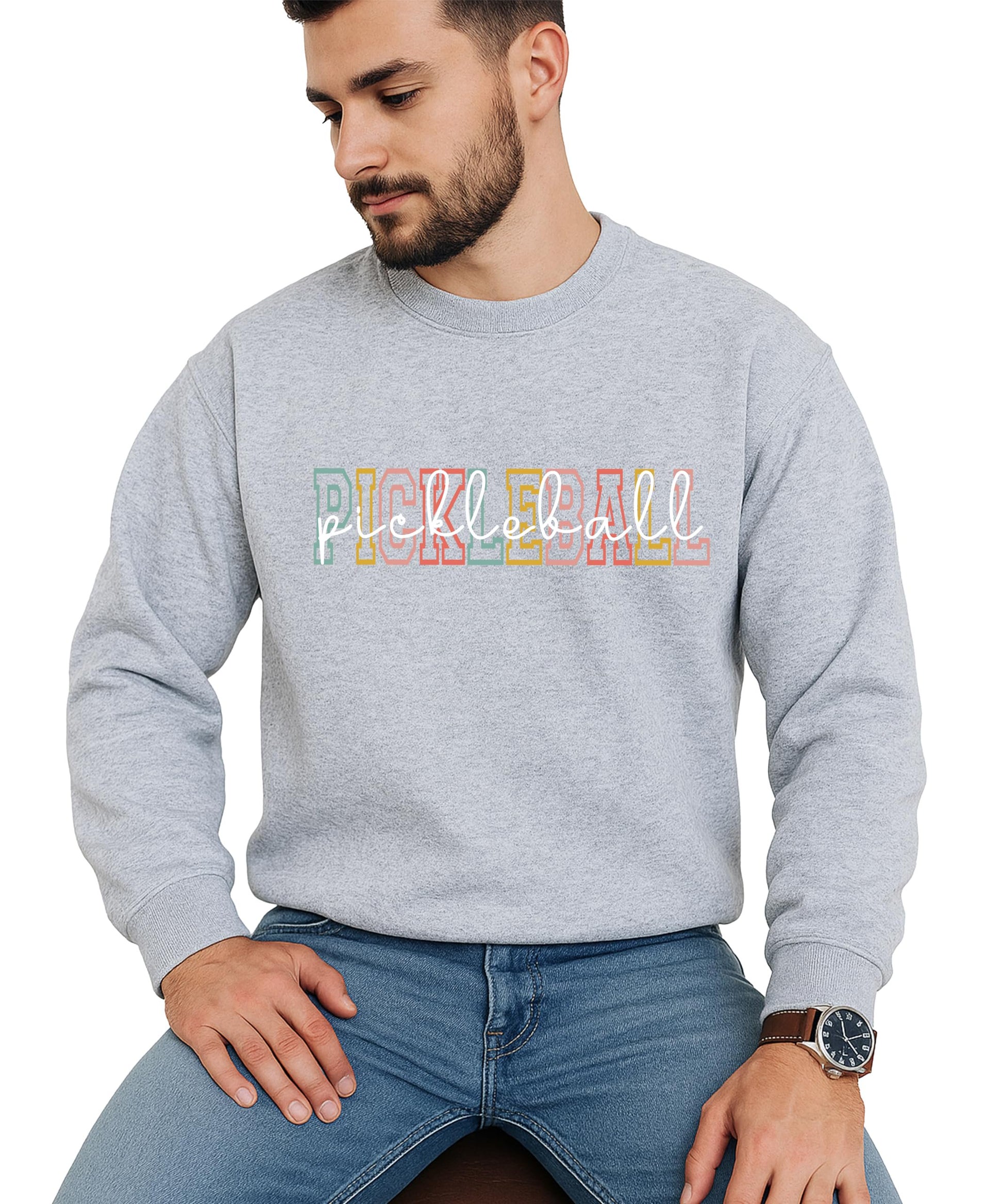 Front view of black pickleball crewneck sweatshirt with bold retro colorful graphic print