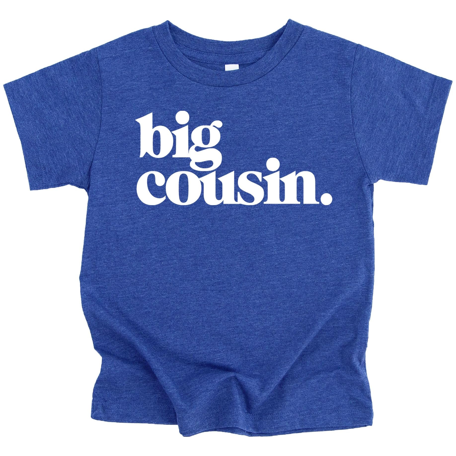 Close-up of Bold Big Cousin text design on kids military green t-shirt