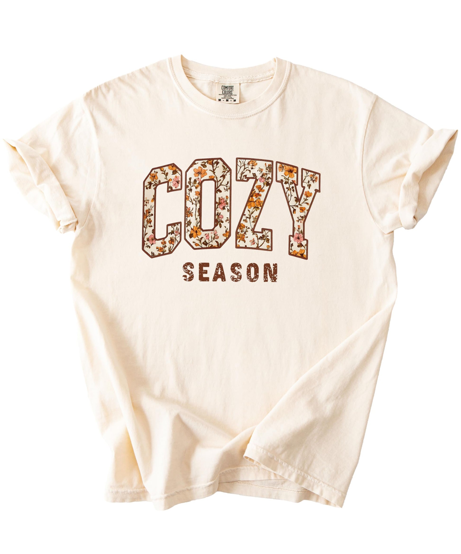 Side or angled view of Cozy Season orange floral tee for women and teens