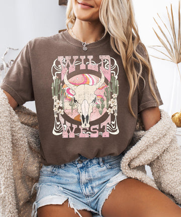 Wild West Shirt for Women and Teens Country Girl Desert Theme Bull Skull Western Tee