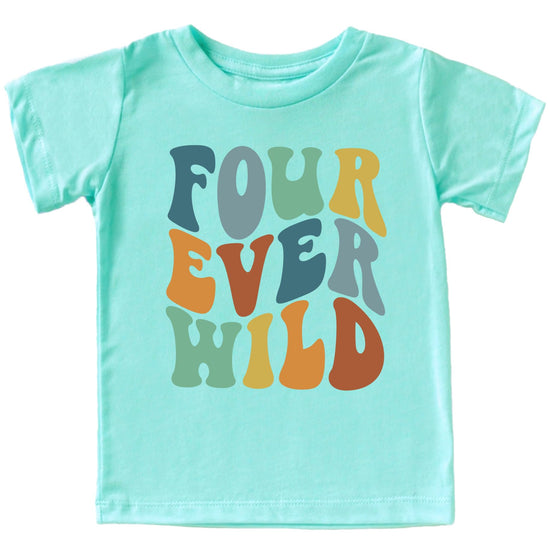 Front view of Four Ever Wild groovy fourth birthday graphic tee for toddlers