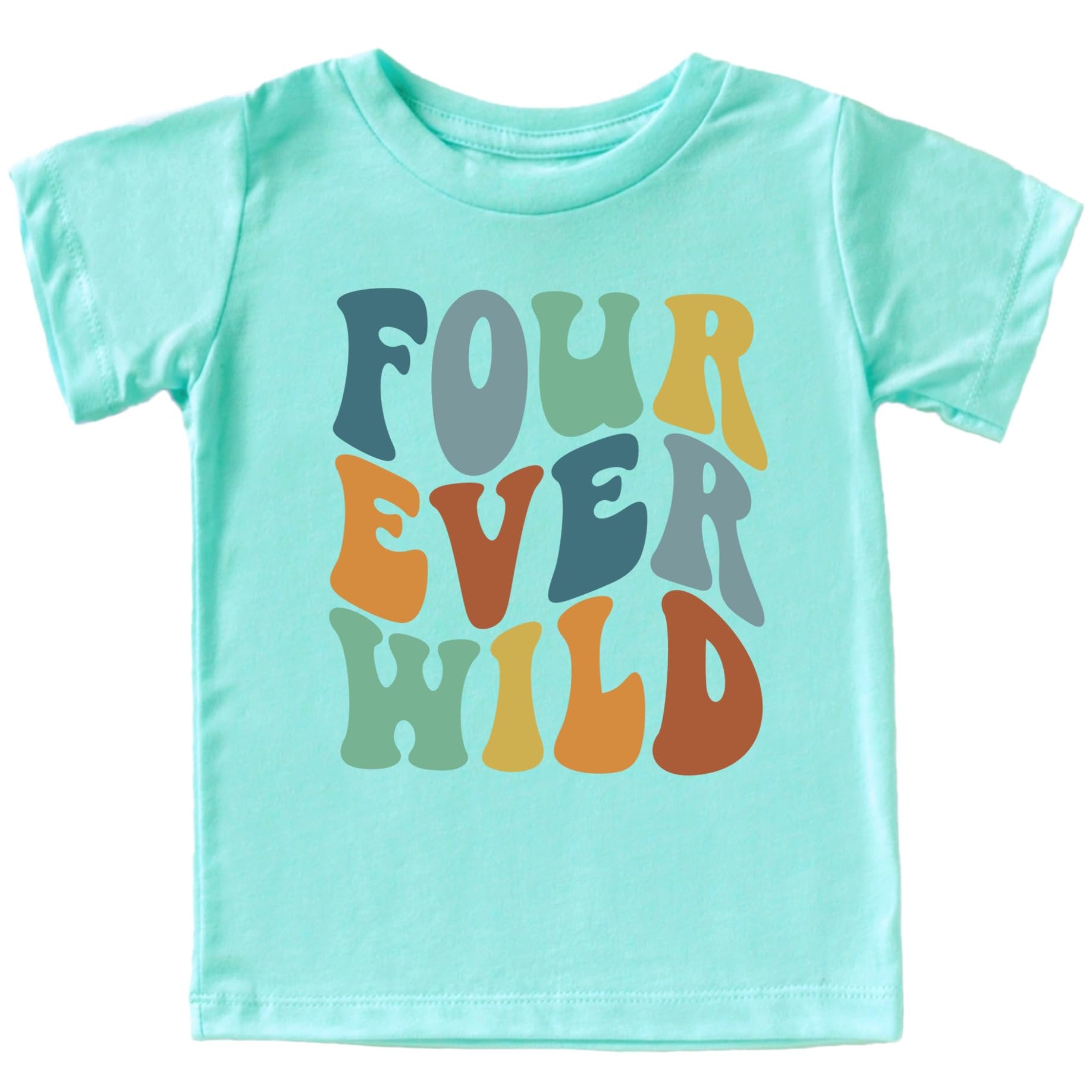Front view of Four Ever Wild groovy fourth birthday graphic tee for toddlers