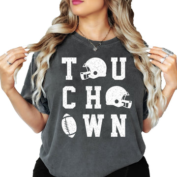 Ivory touchdown football shirt with distressed game day graphics worn by model