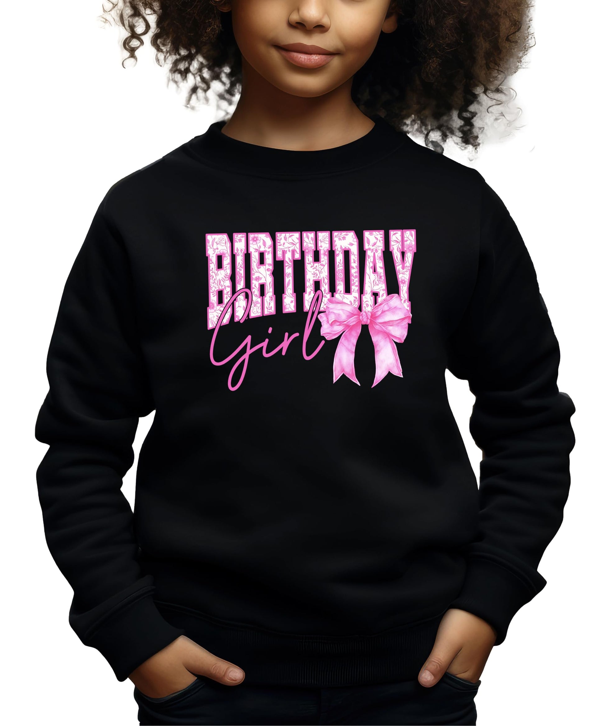 Birthday Girl sweatshirt laid flat showing full front graphic with pink bow and glitter-style print