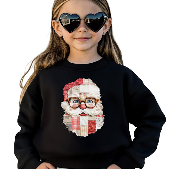 Model wearing black faux patch Santa sweatshirt perfect for holiday parties and Christmas family photos
