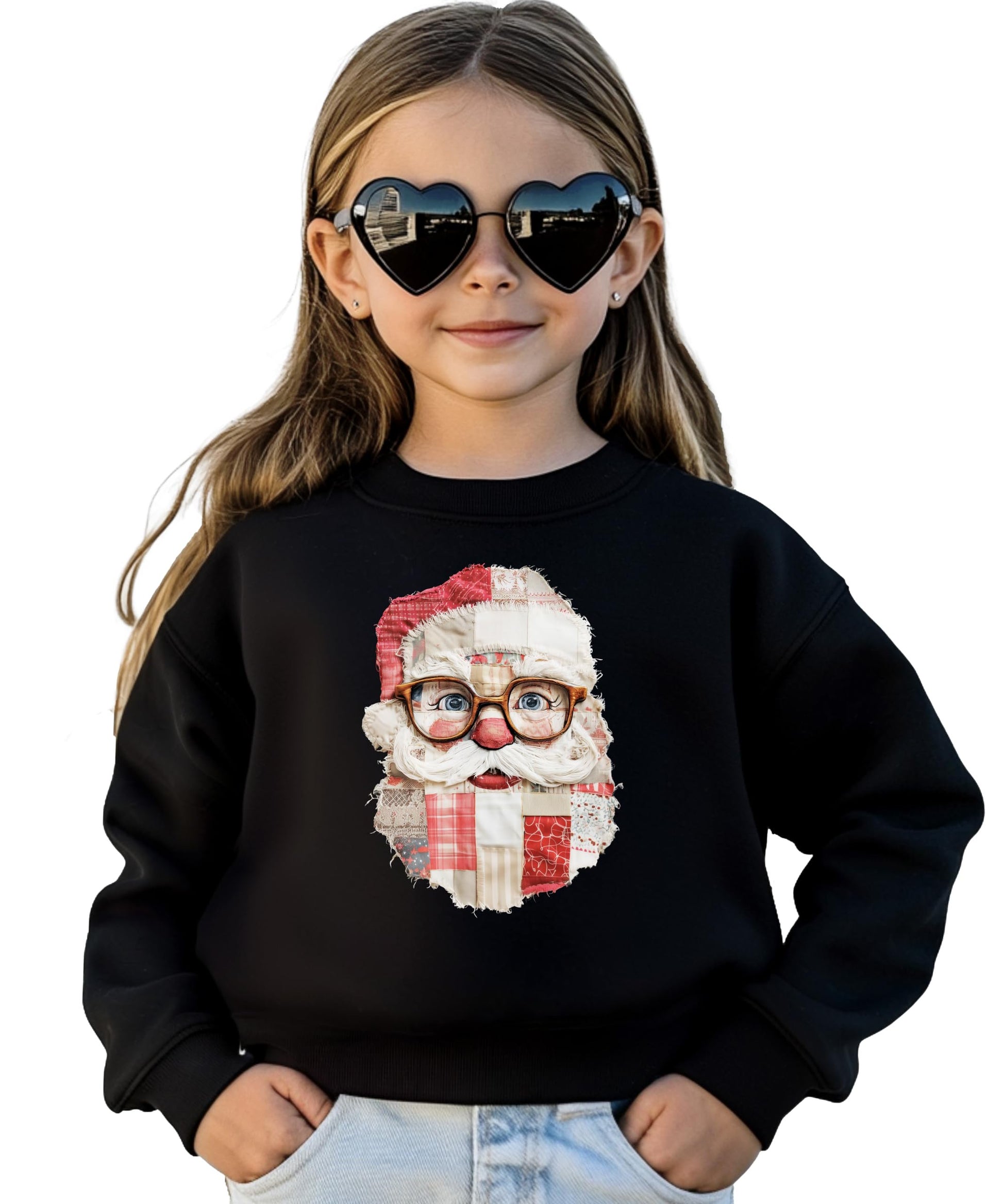 Model wearing black faux patch Santa sweatshirt perfect for holiday parties and Christmas family photos