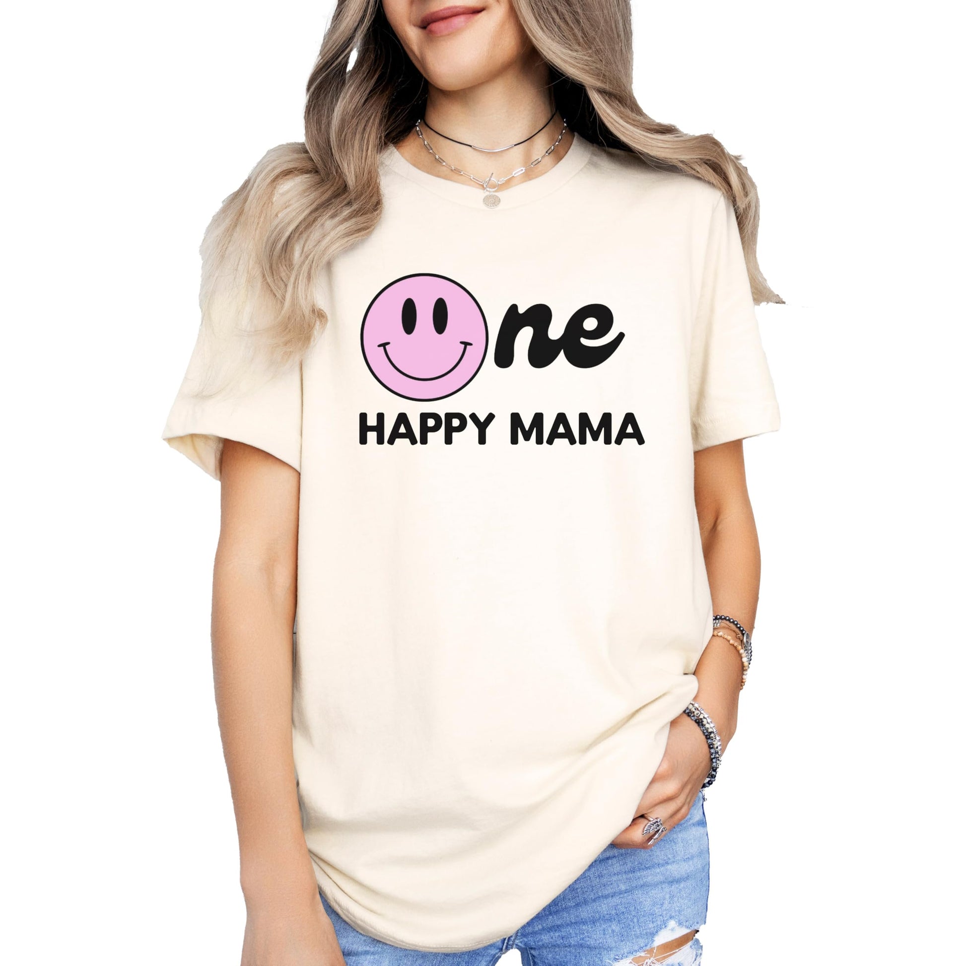One Happy Family matching 1st birthday shirts for mom, dad, and baby girl on natural tee