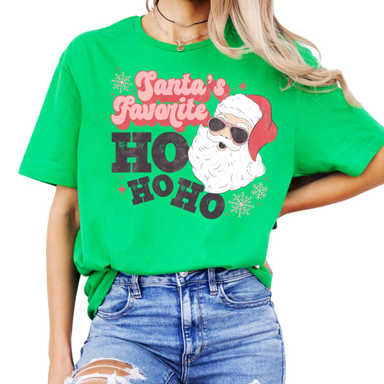 Side angle view of women's retro vintage Christmas graphic tee with bold Ho Ho Ho holiday print