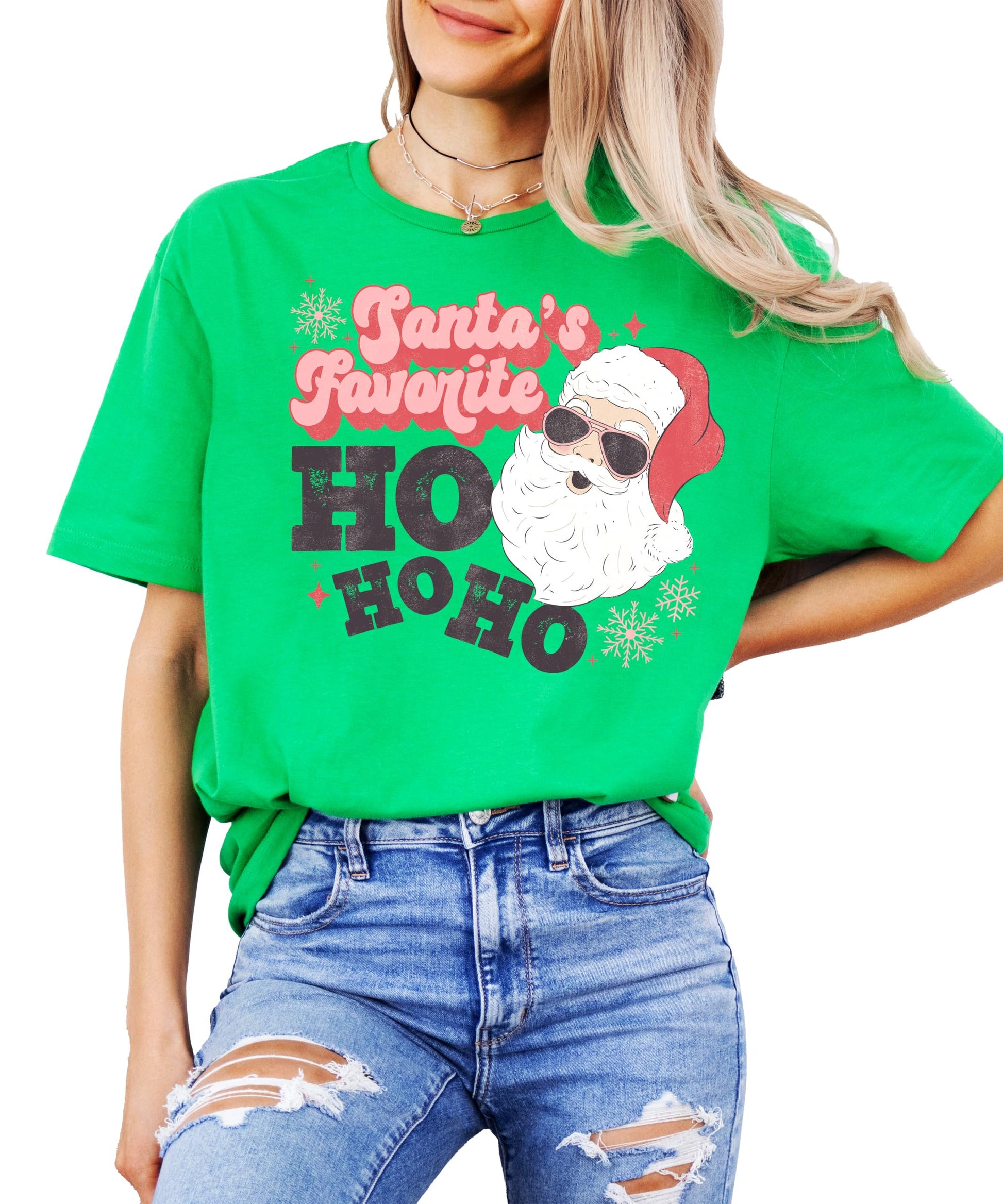 Side angle view of women's retro vintage Christmas graphic tee with bold Ho Ho Ho holiday print