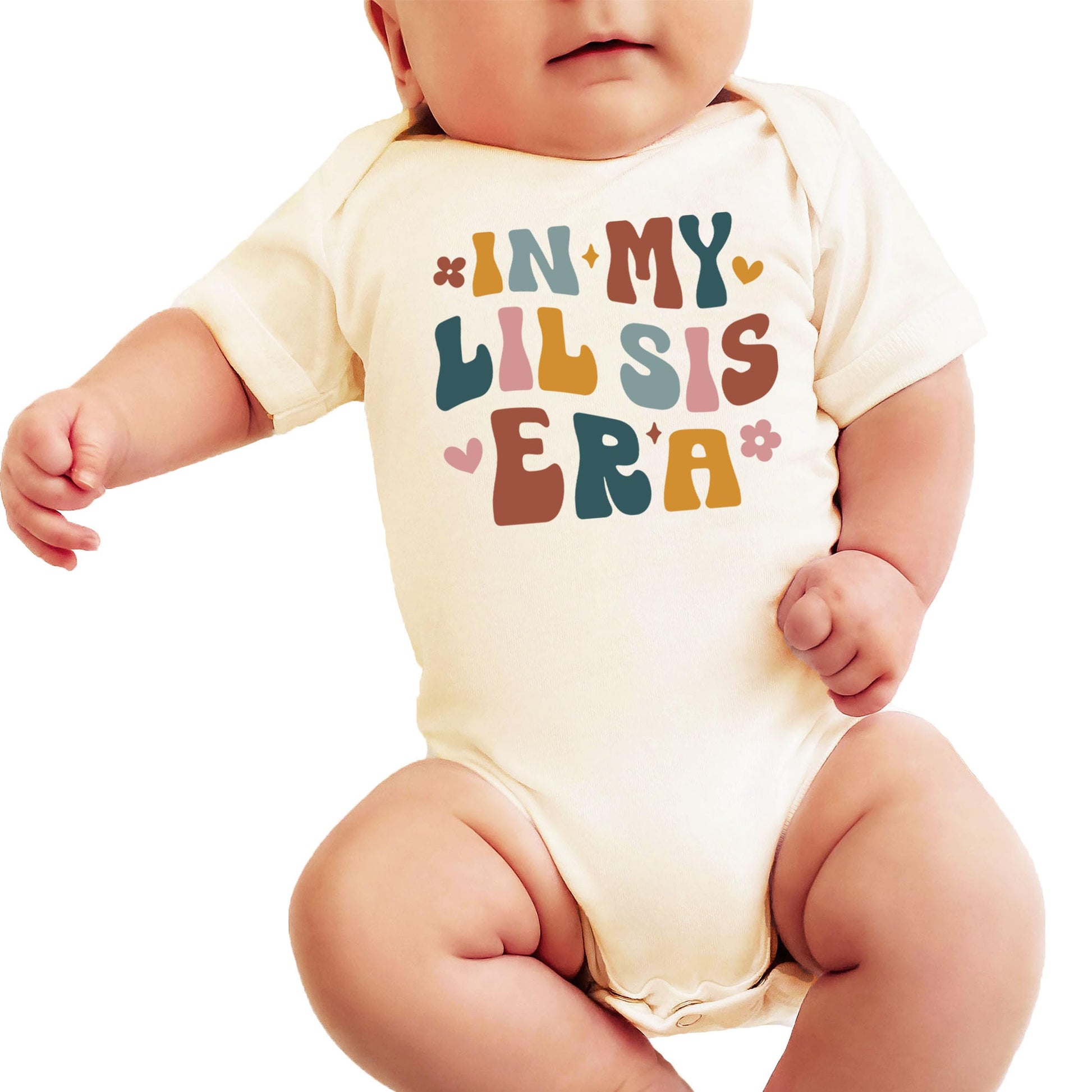 Baby girl wearing In My Little Sister Era natural bodysuit, front view