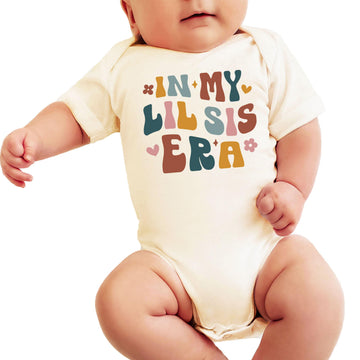 Baby girl wearing In My Little Sister Era natural bodysuit, front view