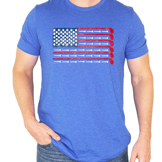 Close-up of American flag golf graphic print on men's heather blue tee