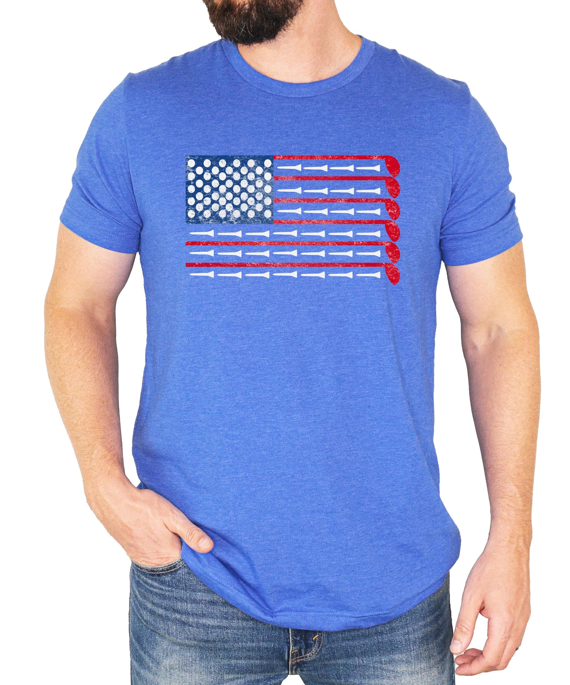 Close-up of American flag golf graphic print on men's heather blue tee