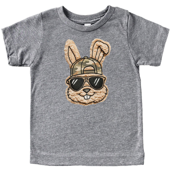 Close-up of Easter bunny with sunglasses and camo hat print on men's natural tee