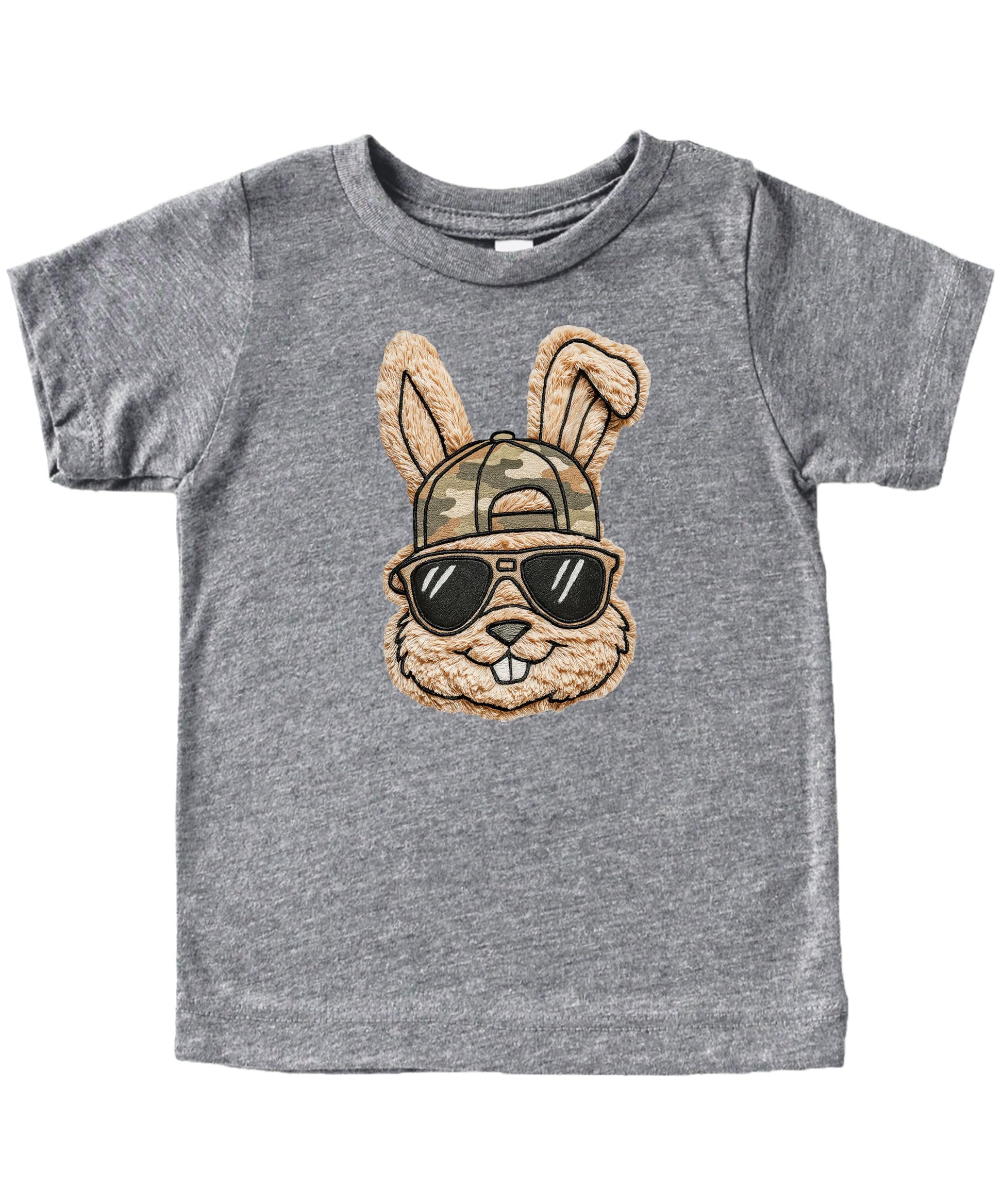Close-up of Easter bunny with sunglasses and camo hat print on men's natural tee