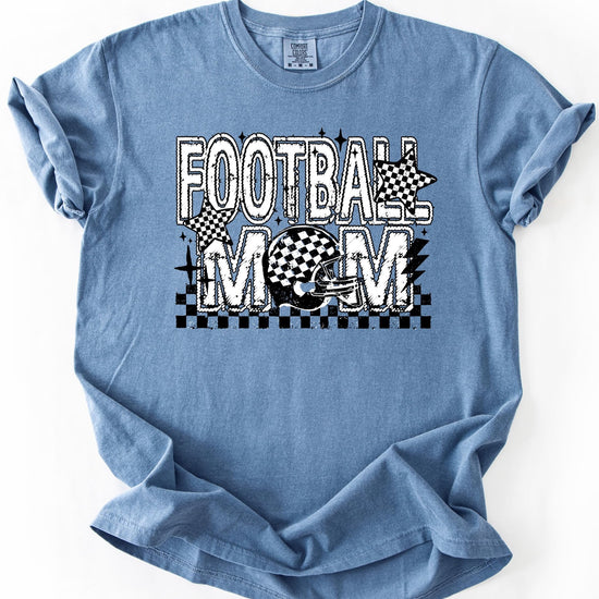 Side view of Football Mom checkered stars tee showing relaxed fit and print detail