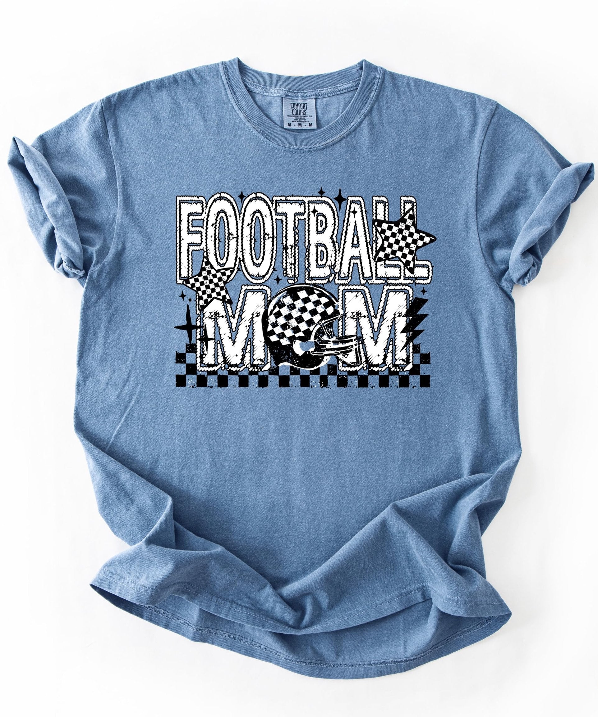 Side view of Football Mom checkered stars tee showing relaxed fit and print detail