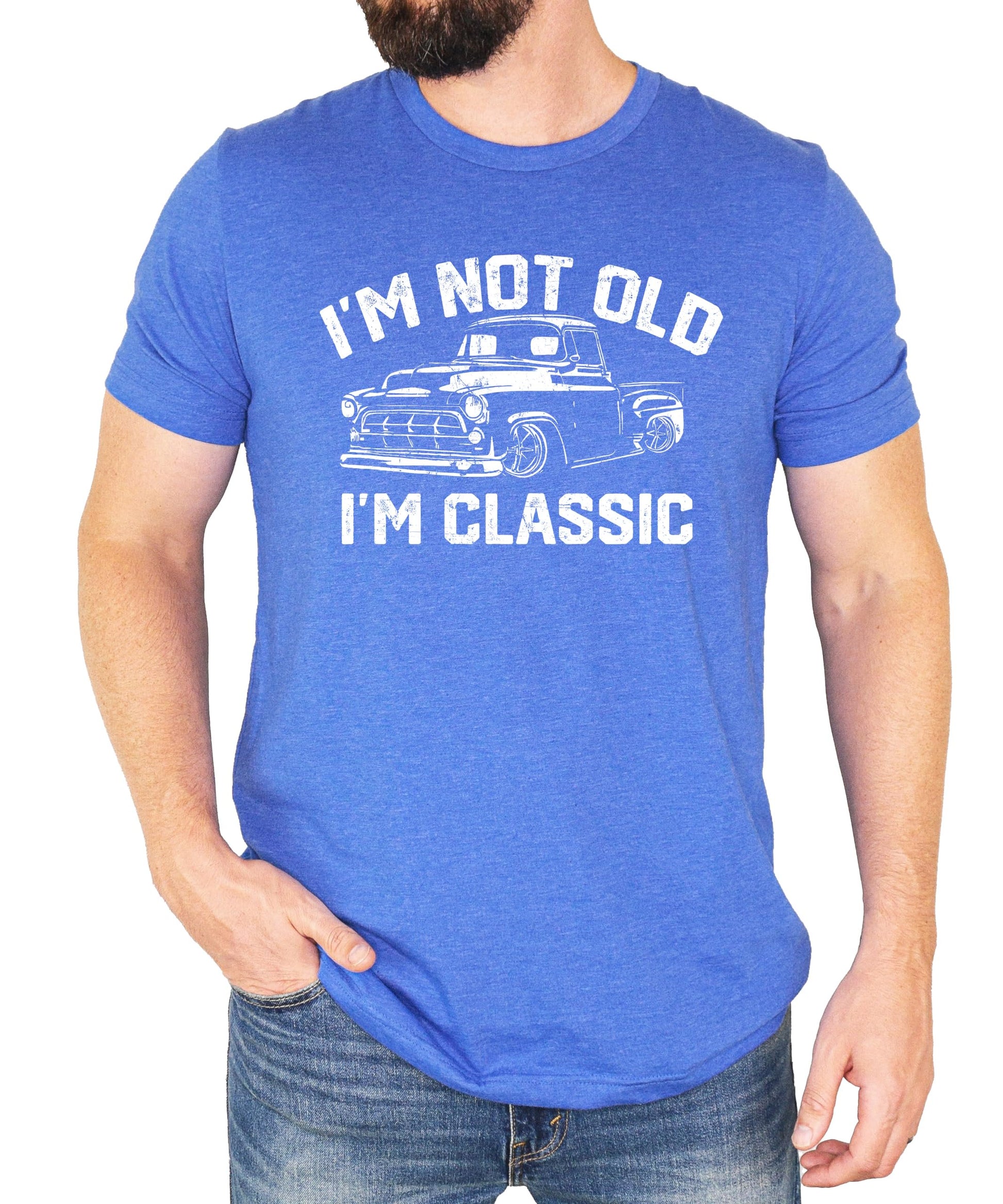 Close-up of 'I'm Not Old I'm Classic' vintage truck graphic print on black tee