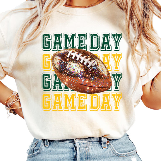 Front view of girly green and yellow game day football shirt for women and teens