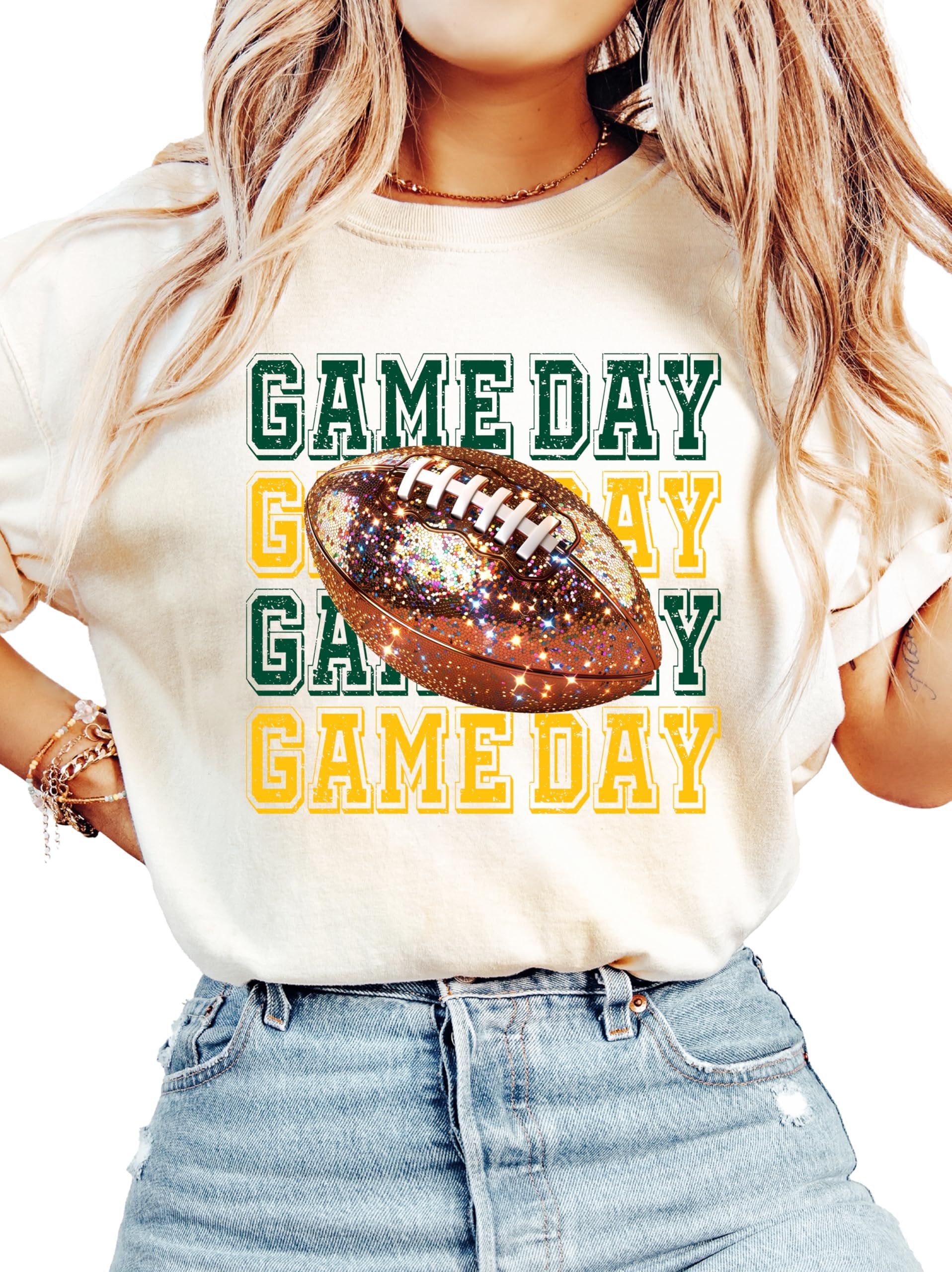 Front view of girly green and yellow game day football shirt for women and teens