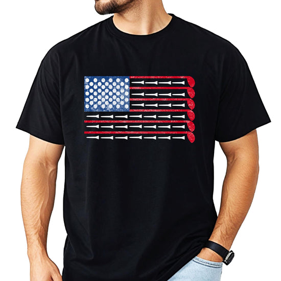 Men's heather blue graphic tee featuring a red white and blue American flag golf design