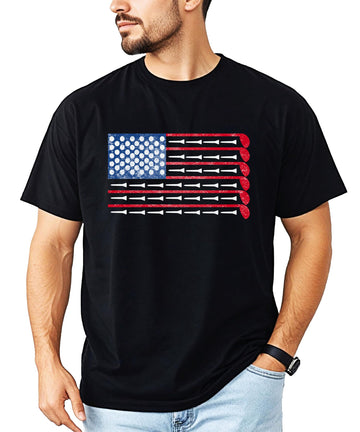Men's heather blue graphic tee featuring a red white and blue American flag golf design
