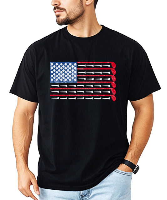 Men's heather blue graphic tee featuring a red white and blue American flag golf design