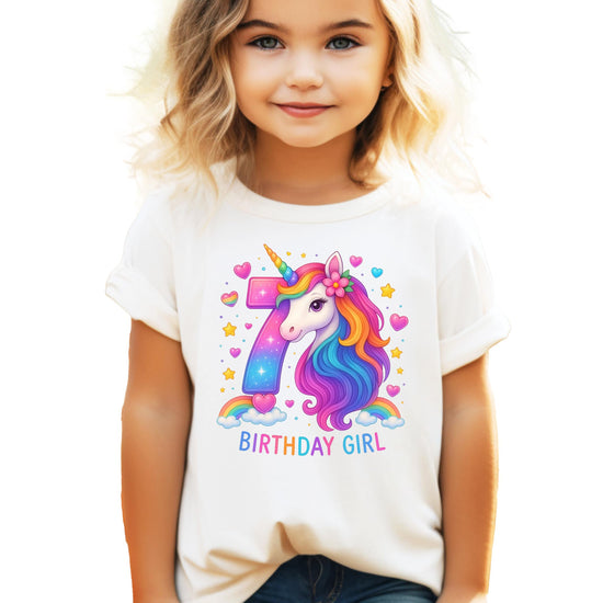 Close-up of rainbow unicorn birthday graphic print on girls pink youth tee