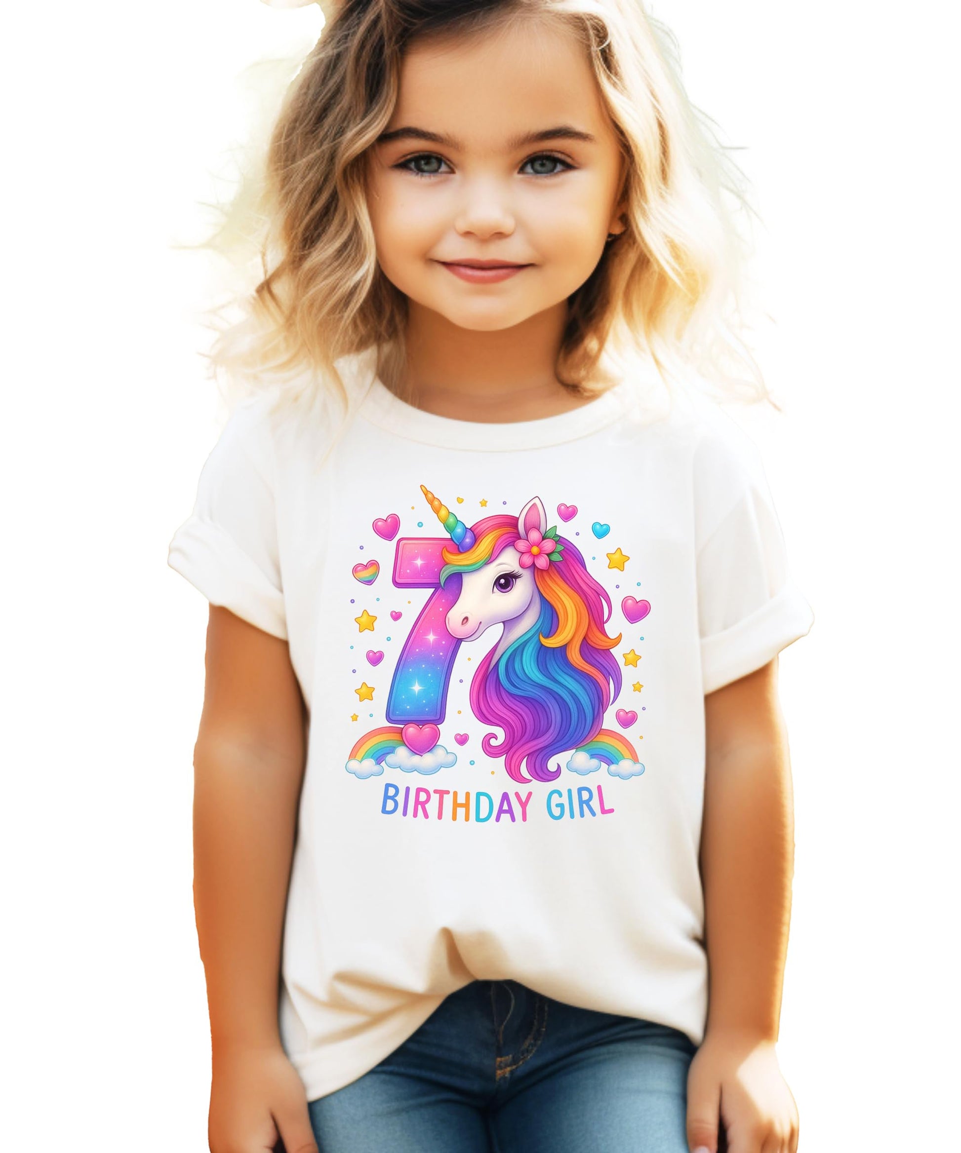 Close-up of rainbow unicorn birthday graphic print on girls pink youth tee