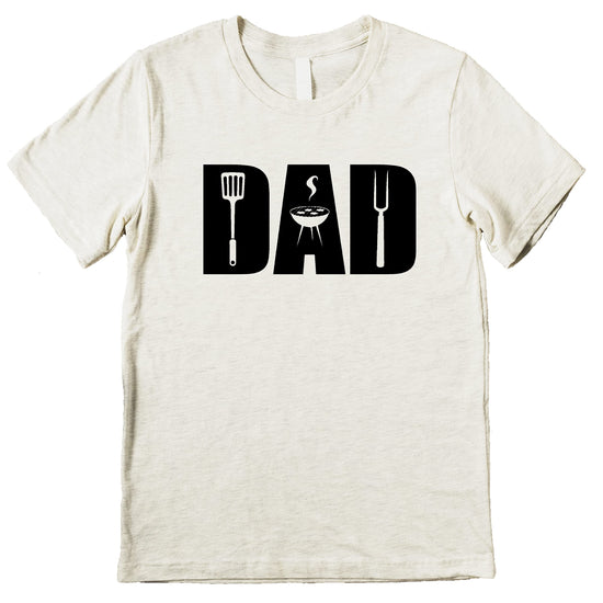 Close-up of dad grilling graphic print on heather natural t-shirt