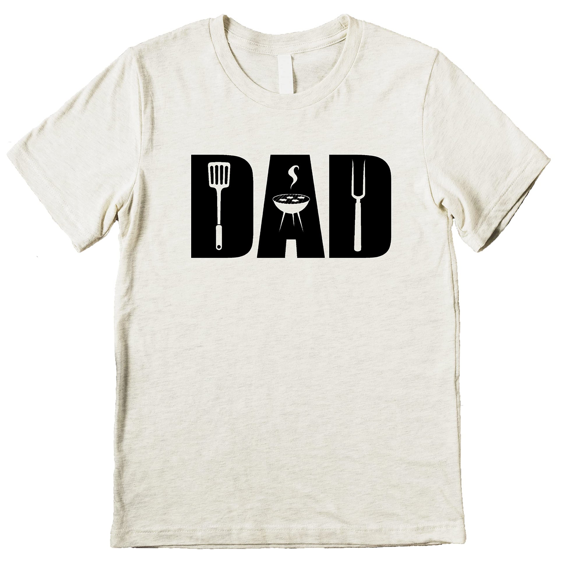 Close-up of dad grilling graphic print on heather natural t-shirt