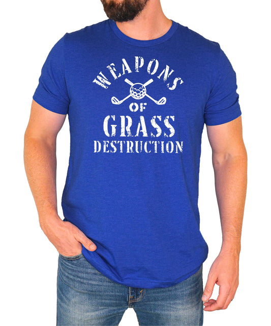 Close-up of distressed golf graphic with crossed golf clubs and ball design
