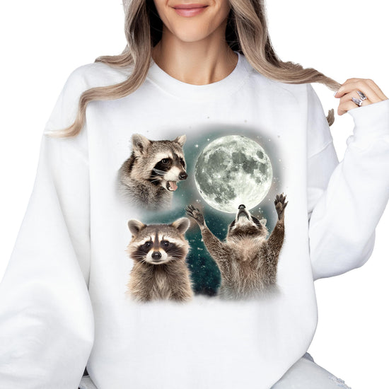 Close-up of raccoon howling at moon printed graphic on gray women's pullover sweatshirt