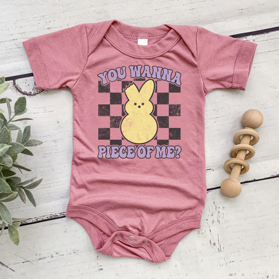 Toddler bodysuit version of You Wanna Piece of Me Easter design in peach color