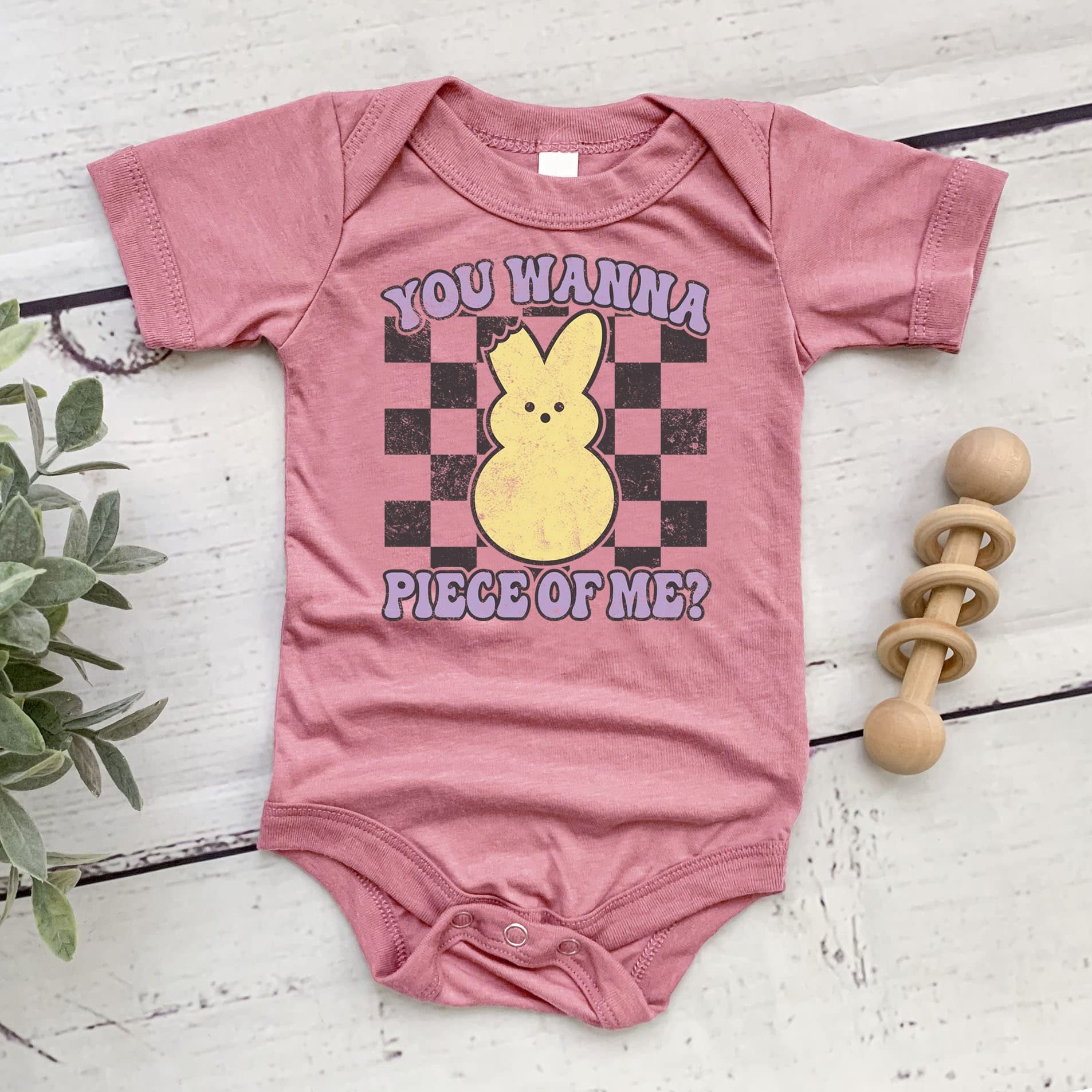 Toddler bodysuit version of You Wanna Piece of Me Easter design in peach color