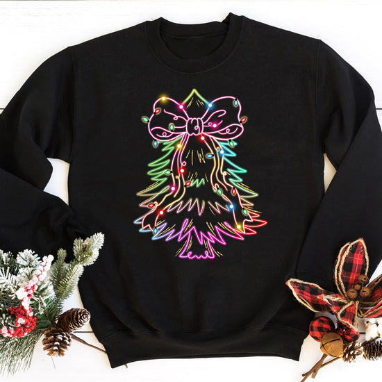 Back or side view of neon Christmas tree holiday sweatshirt on model