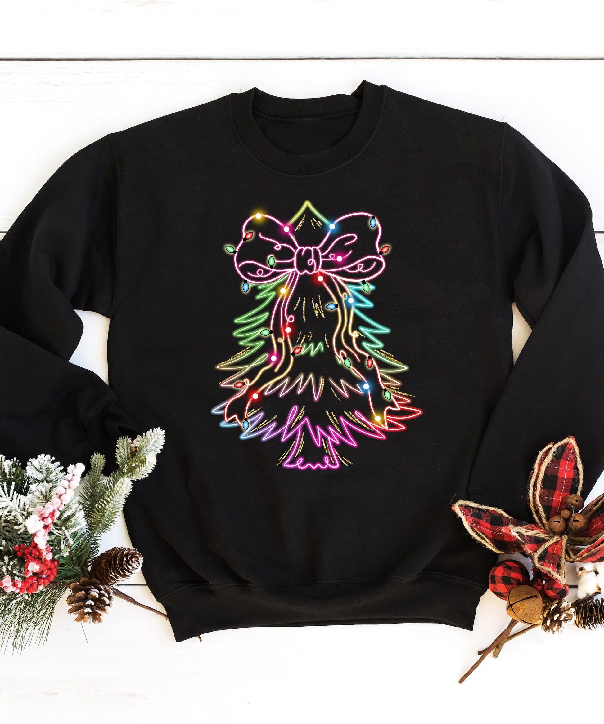 Back or side view of neon Christmas tree holiday sweatshirt on model