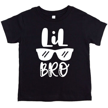 Flat lay of Little Bro gender reveal announcement bodysuit
