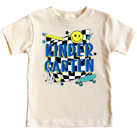 Young boy wearing retro kindergarten skateboard tee, front view full shirt