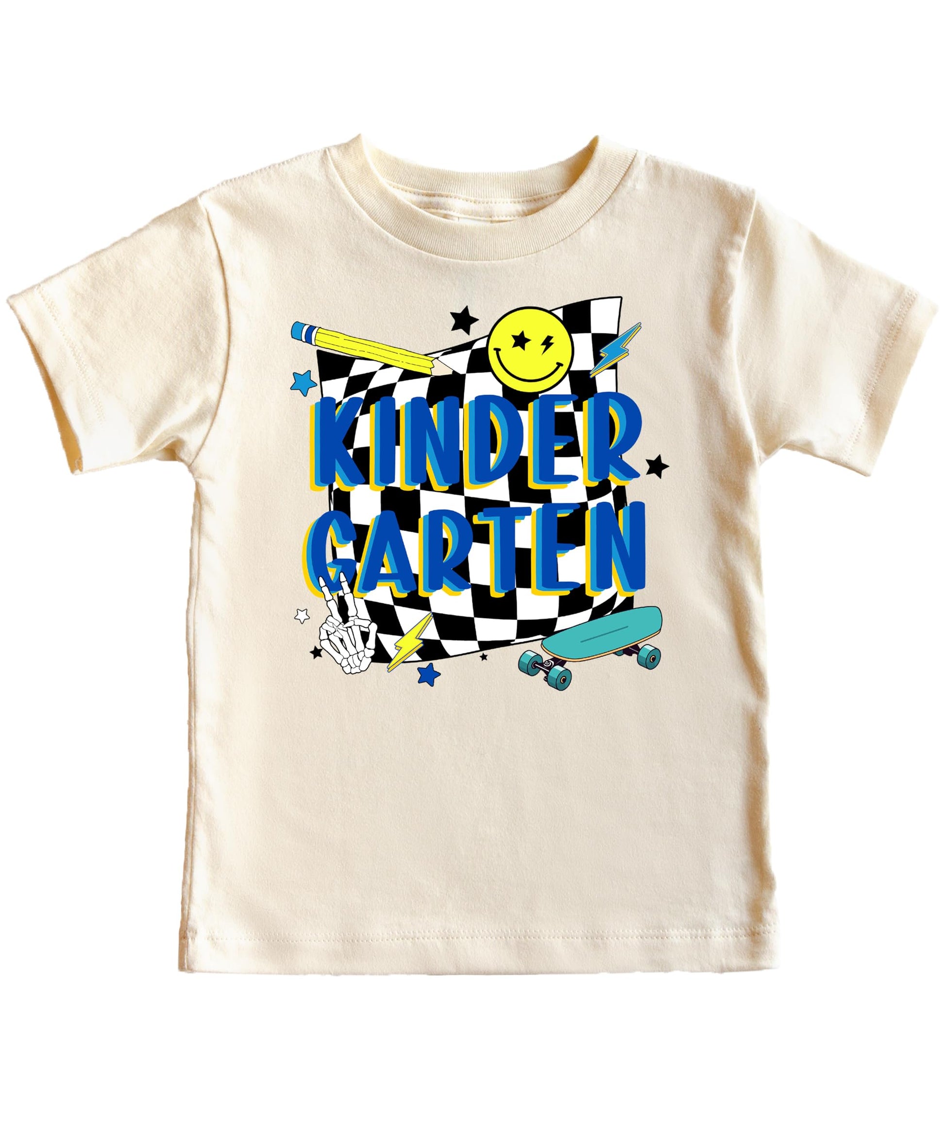 Young boy wearing retro kindergarten skateboard tee, front view full shirt