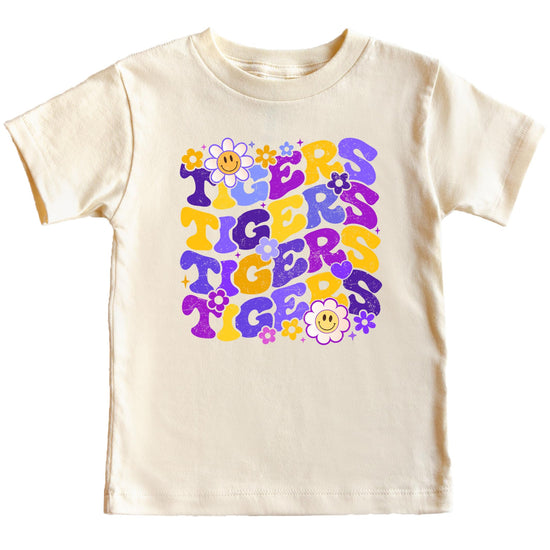 Flat lay of Purple Tigers graphic tee showing full shirt design and fit