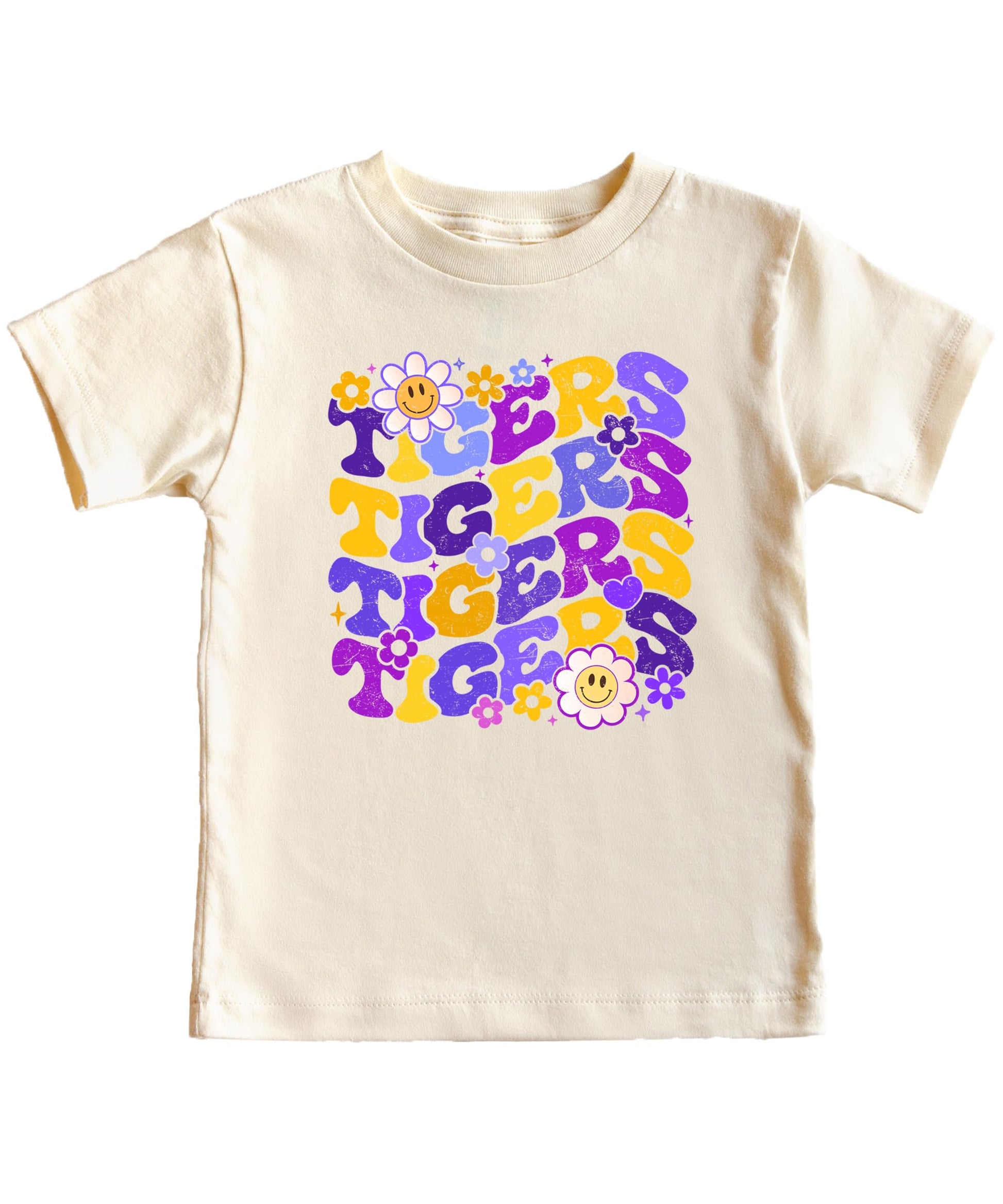 Flat lay of Purple Tigers graphic tee showing full shirt design and fit