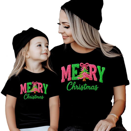 Ink Printed Image NOT a Yarn Patch - Trendy Faux Yarn Merry Christmas Graphic Shirt