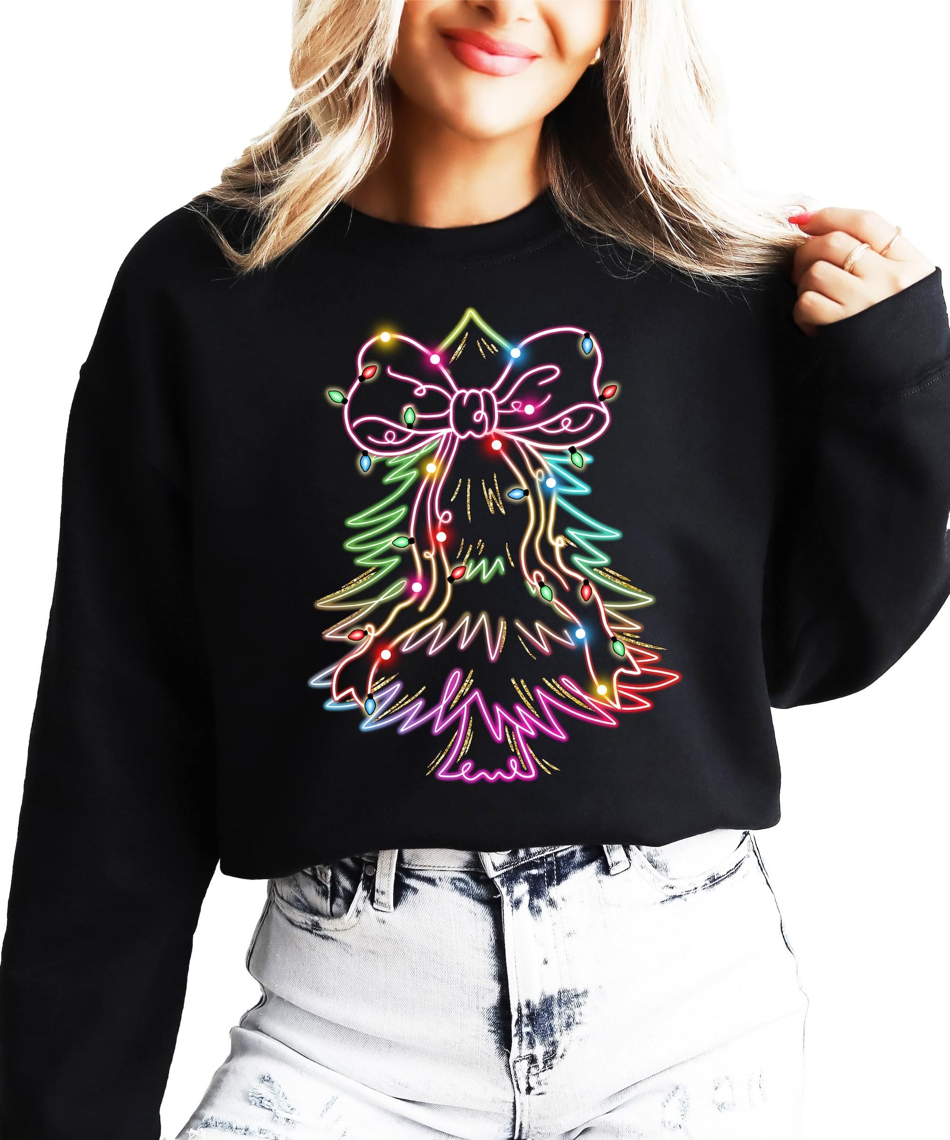 Black pullover sweatshirt with vibrant neon Christmas tree graphic, festive bow, and colorful lights design